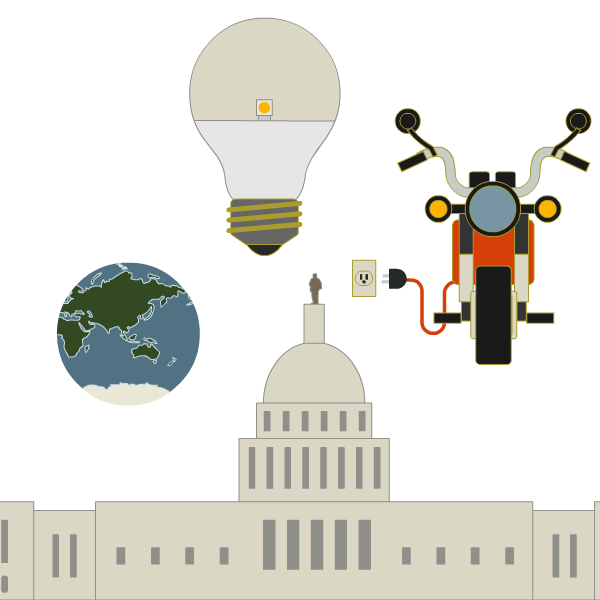 globe, light bulb and electric bike hovering over the U.S. Capitol building