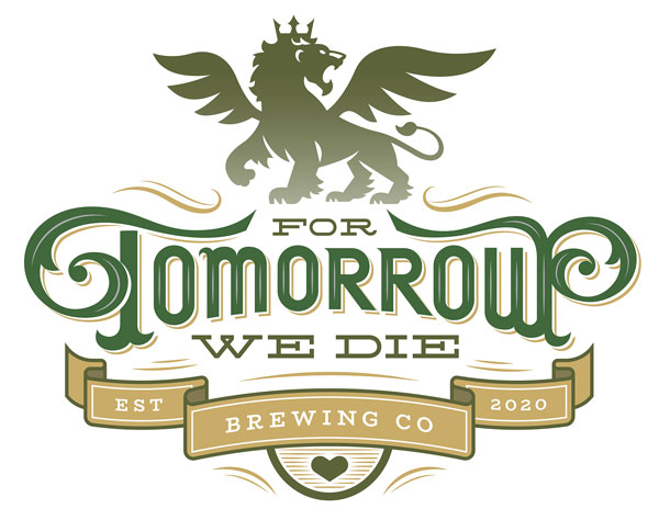 Logo for 'for tomorrow we die brewing co' featuring a skull with hop vines, symbolizing a unique and edgy craft beer brand.